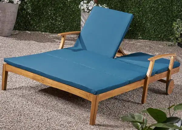 outdoor daybed ideas patio bed idea Great Deal Furniture Samantha Double Chaise Lounge for Yard and Patio, Acacia Wood Frame, Teak Finish with Blue Cushions