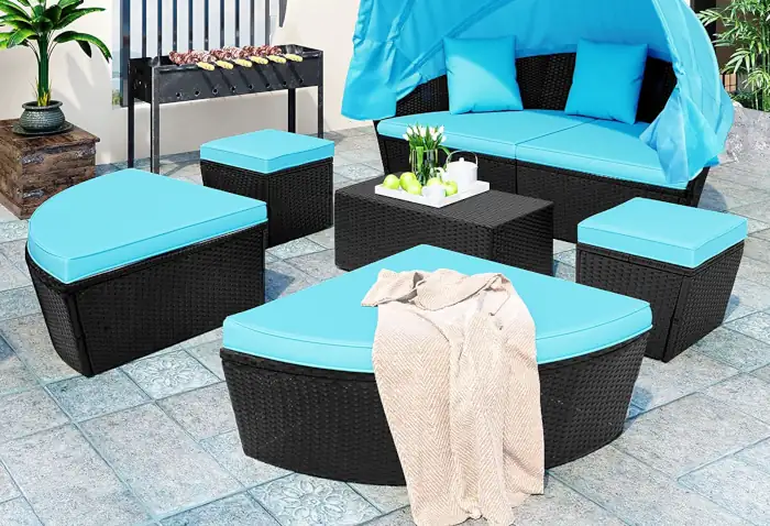 outdoor daybed ideas patio bed idea Merax All-Weather Outdoor Sectional Sofa Conversation Set Rattan Round Daybed Sunbed with Retractable Canopy and Removable Cushions (Blue)