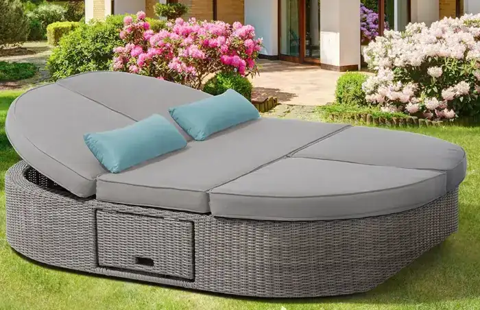 outdoor daybed ideas patio bed idea Ove Decors Sandra Retractable Patio Sofa Daybed Wicker Rattan Outdoor + 2 Fold Down Side Tables Included, Light Grey