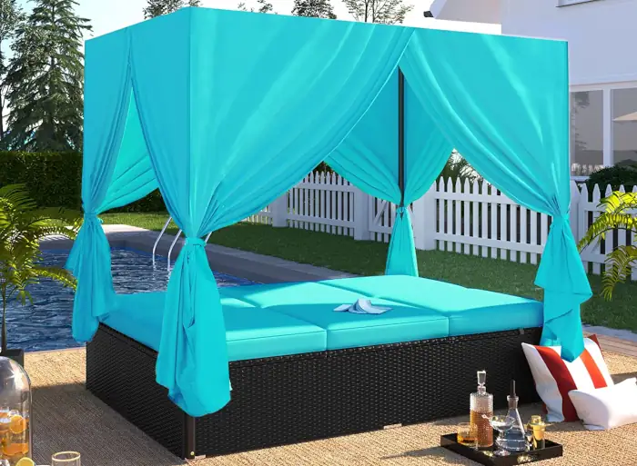 outdoor daybed ideas patio bed idea Patio Furniture Sets, Outdoor Daybed, All-Weather PE Rattan Wicker Sunbed Daybed with Curtains, Patio Adjustable Recliner (Blue+Black, 1 Piece)