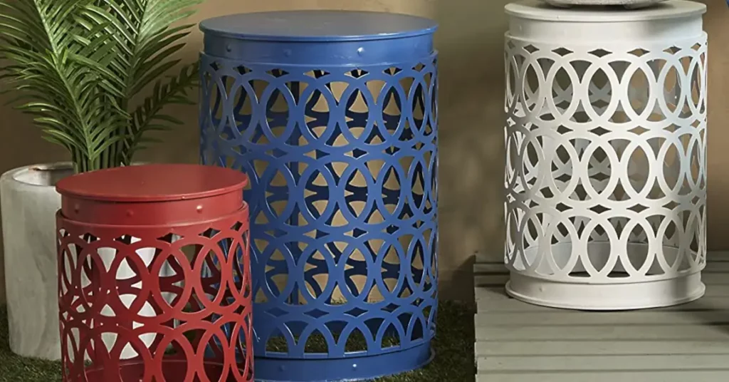 You'll Be Wowed by the Average Cost of a Metal Garden Stool! Three decorative metal garden stools (red, blue, and white)