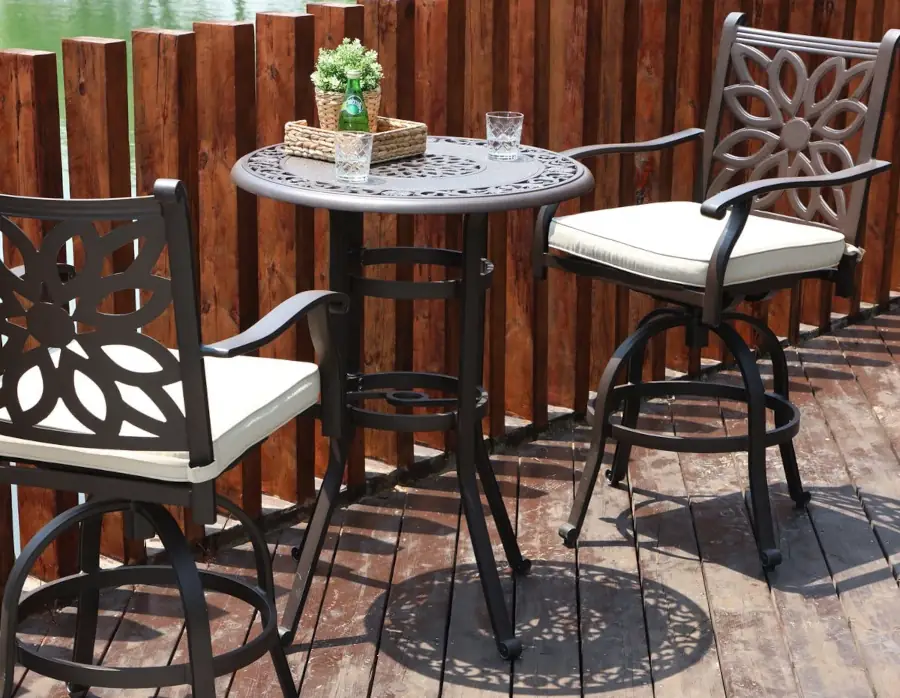 PHI VILLA Bar Height Patio Furniture Set 3 PCS, Cast Aluminum Outdoor High Top Best outdoor high top table and chairs Table and Chairs, Pub Height Bistro Set with 2 Swivel Bar Stools with Cushion and 1 Patio Bar Table