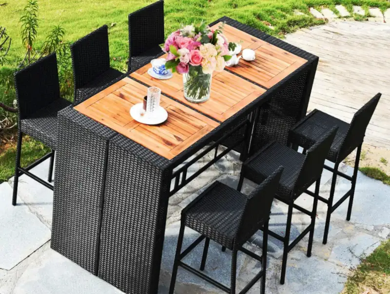 Tangkula 7 piece bar height outdoor dining set Tangkula 7 pcs wicker patio bar stool dining table set outdoor garden furniture sets (Black)